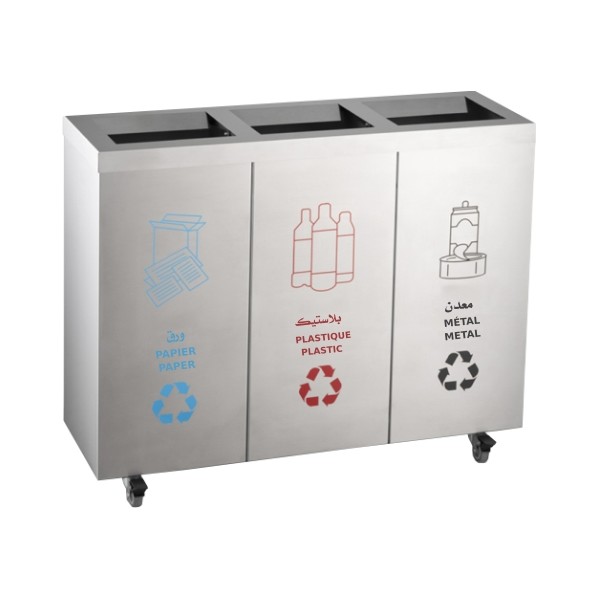 Poubelle de tri sélectif 3x15 L en inox pour le tri des déchets