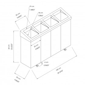 GA010510 Poubelle de tri sélectif en inox AISI 304 quatre bacs 25 X 100 X 60 CM