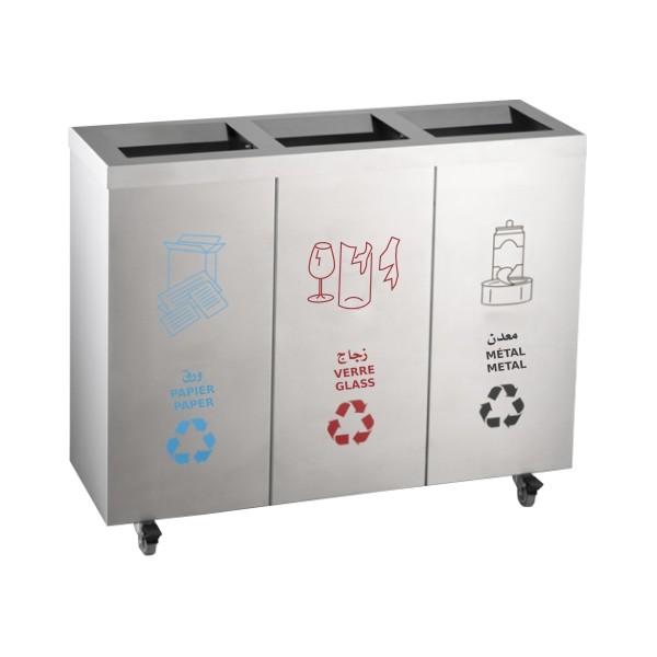 GA010500 Poubelle de tri selectif en inox AISI 304 trois bacs 30 x 90 x 60 cm