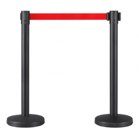 LA010250 Poteau de balisage métallique noir à enrouleur sangle rouge 2 M