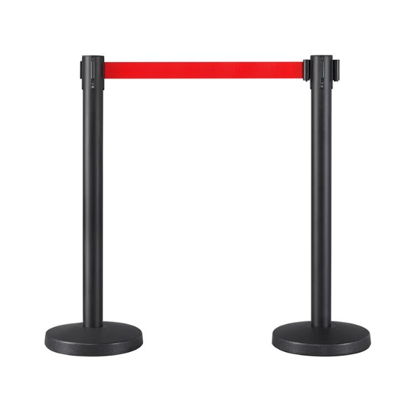 LA010250 Poteau de balisage métallique noir à enrouleur sangle rouge 2 M