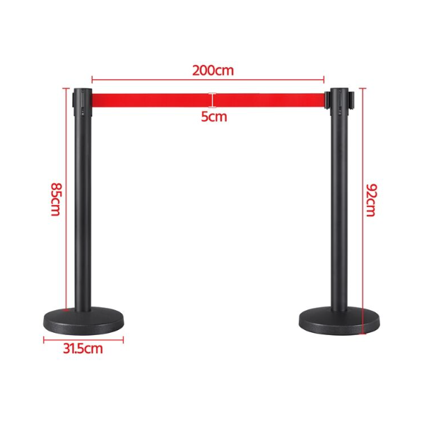 LA010250 Poteau de balisage métallique noir à enrouleur sangle rouge 2 M